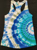 Women's Racerback Turquoise, Pewter and Blue Side Peacock Mandala Tie-Dyed Tank Top, Size X-Large